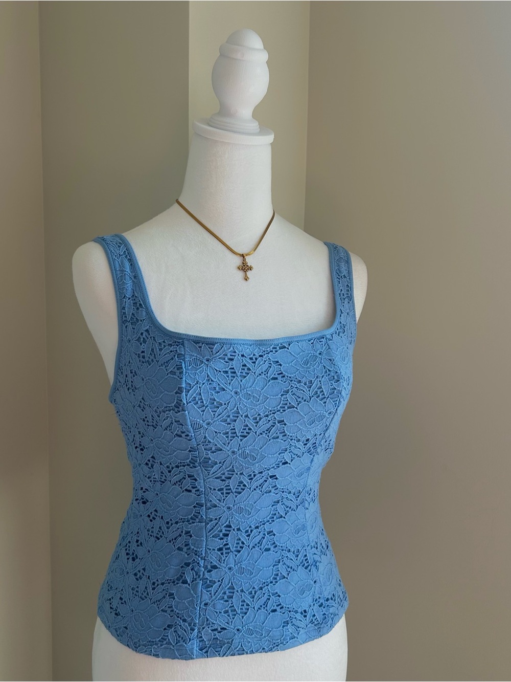 1990's Sky Blue Embroidered Square Neck Corset Style Top